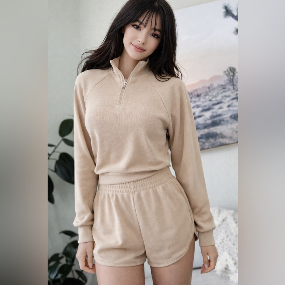 Girl on the Go nude 2pc lounge athletic track jacket + shortie shorts set